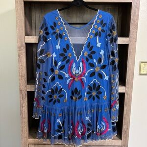 {Free People} Hearts Are Wild Embroidered Long Sleeve Mesh Dress, Size S